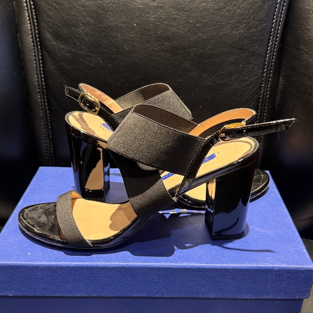 Stuart Weitzman Black Block Heel Slingback Sandals